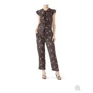 Banjanan Antoinette Womens Jumpsuit Small Black Pink Floral Ruffle Button Up